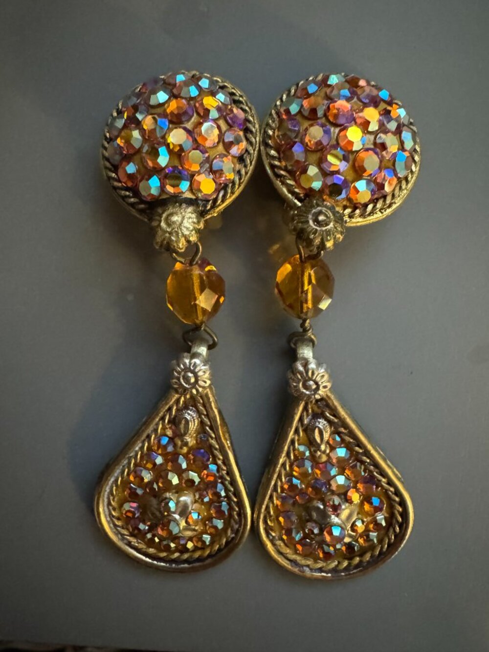 Rare Richard Kerr Signed 1980s Vintage Clip Earrings Runway Teardrop Crystal